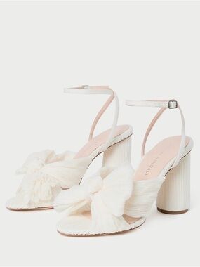 NWT Loeffler Randall Sz 5.5 Pearl Ivory Bow Block Heel Sandals with Ankle Strap